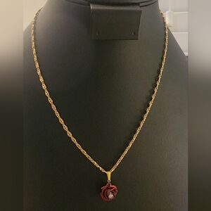 Korea Elegant Gold Tone Necklace with Red Rose Pendant